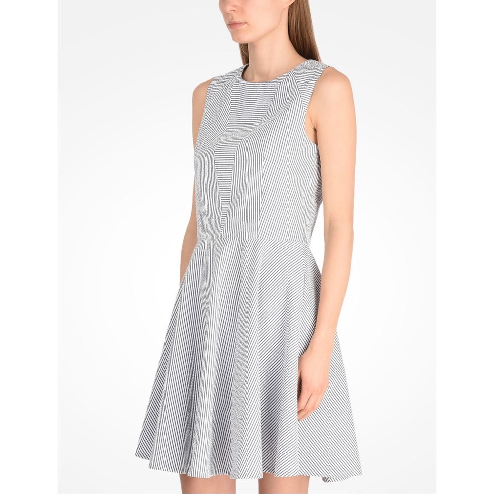 Armani Exchange Cotton Sleeveless Stripe Seersucker Fit & Flare Dress w/ Pockets